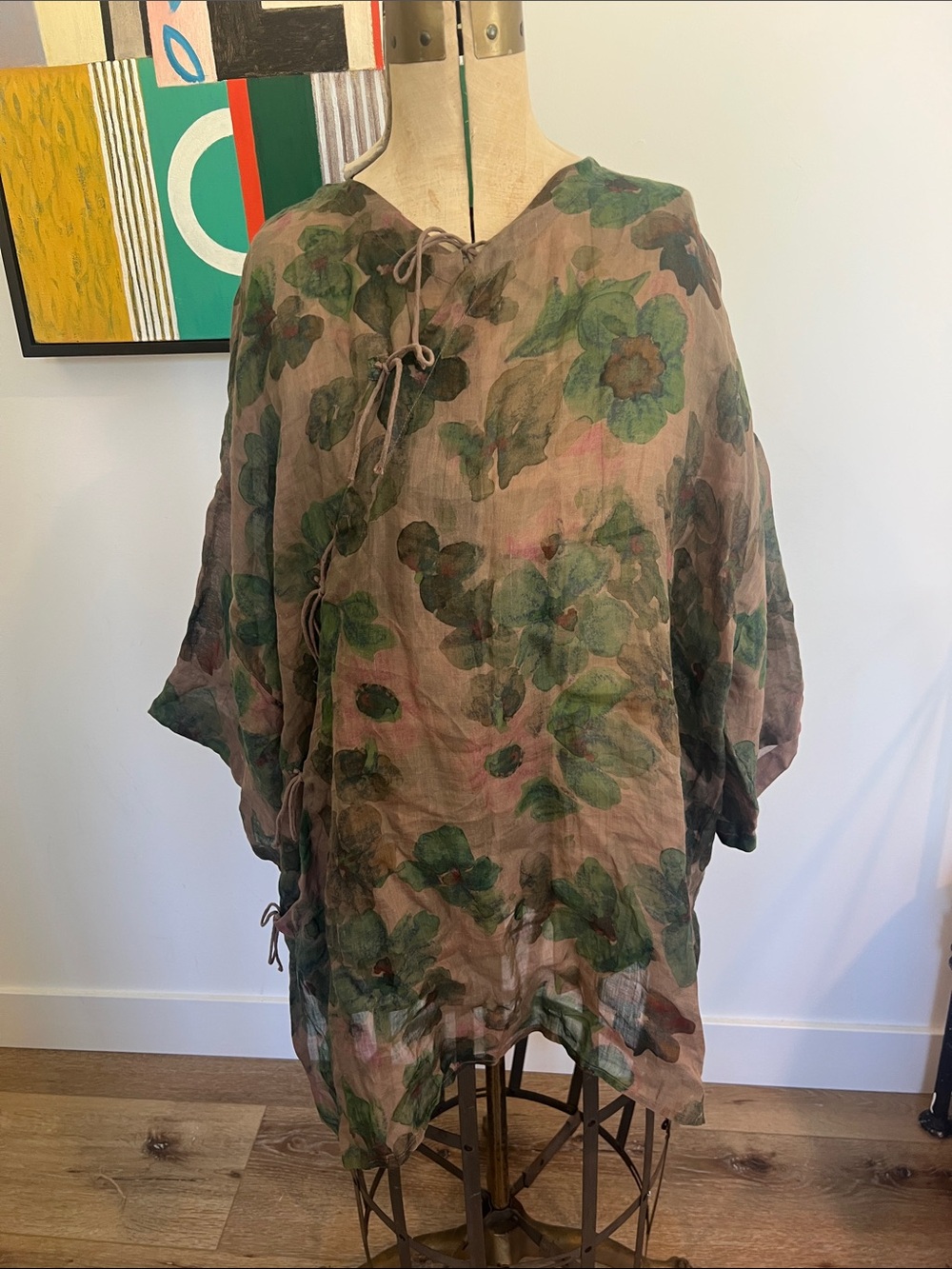 Green Floral Tie-Front Boho Tunic Top sheer sz XL